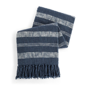 A blue and white striped blanket with a blue fringe displayed folded over itself.