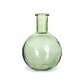 A small green glass vase with a round base and long neck.