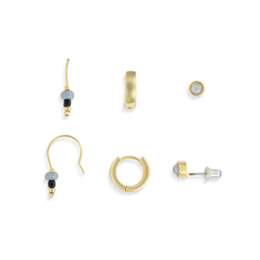 Three different small earring sets in blue and gold with three different types of closures.