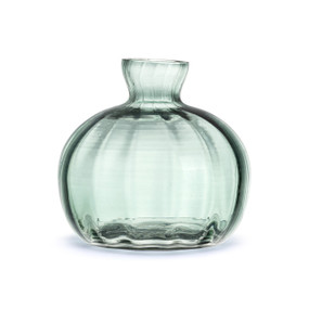 A small clear blue glass vase shaped like a pumpkin.