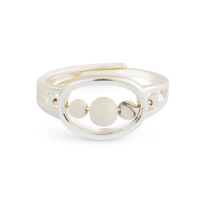 An adjustable silver fidget ring with three beads in the center that spin around.