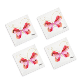 A set of four small white cocktail fabric napkins with pink and gold butterflies on them.