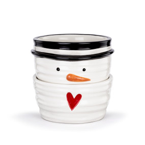 A set of two white ceramic stacked bowls that have the face of a snowman.