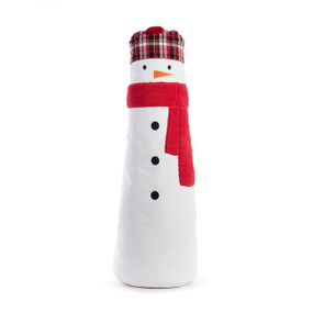 A tall white fabric snowman bag wearing a red scarf and plaid hat that can be stuffed full to stand upright.