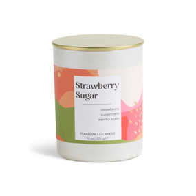 An 8 oz strawberry sugar scented candle in a round white container with a gold lid.