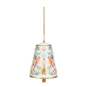 A white paper mache hanging bell with coral, blue and gold bird and floral decoration.