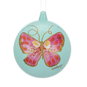 A sage green round ornament with an illustrated pink butterfly on each side.