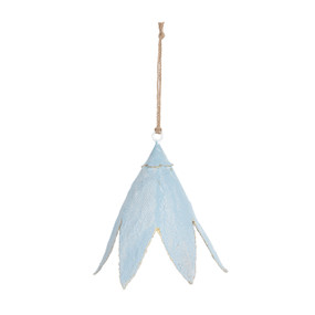 A hanging blue paper mache flower decoration.