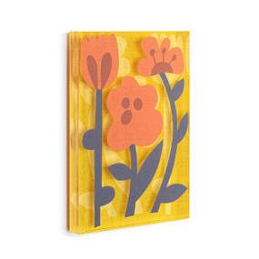 A yellow acrylic wall art tile with illustrated orange flowers with blue stems displayed angled to the right.