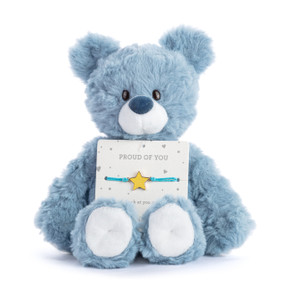 A blue plush teddy bear with an attached bracelet with a yellow star charm intended for a child.