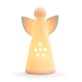 A small white ceramic angel figure displayed lit up.