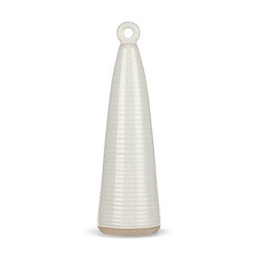 A 12 inch tall white ceramic cone figure with a small hole at the top and a textured tan base.