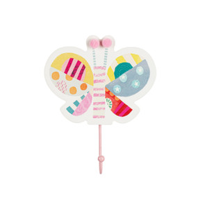 A white wall hook shaped like a butterfly and decorated with pastel shapes and colors. A pink hook hangs from the bottom.