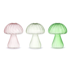 Three small mushroom shaped pink and green glass arranging vases with one hole in the top.