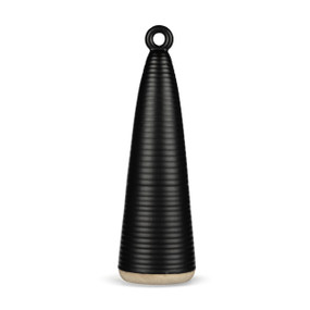 A 12 inch tall black ceramic cone figure with a small hole at the top and a textured tan base.