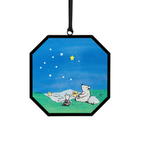 A small octagon shaped sun catcher wtih an illustration of Pooh and Piglet having a picnic outside under the stars.