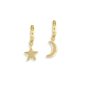 A pair of gold earrings. One is a star and the other is a crescent moon.