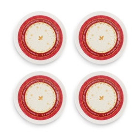 A red and white set of melamine appetizer plates with a message about sweet treats around the edge.