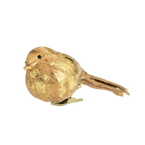 A clip ornament shaped like a bird covered in gold.