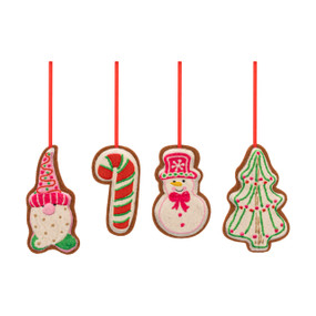 Four different felt ornaments made to look like decorated sugar cookies. They include a gnome, candy cane, snowman and snowy tree.