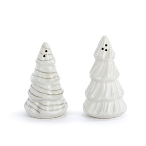 A set of white ceramic salt and pepper shakers shaped like snowy trees.