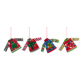 A set of four light up ugly Christmas sweater ornaments on hangers.