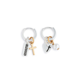 A pair of silver hoop earrings with four different charms related to faith.