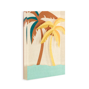 A cream acrylic wall art tile with illustrated brown palm trees by the water displayed angled to the right.