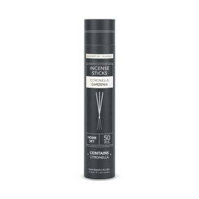 Black tube packaging for a set of 50 gardenia scented citronella incense sticks.