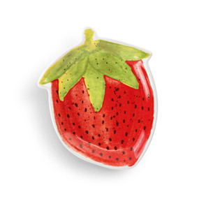 A small strawberry shaped ceramic plate painted on the inside to look like the outside of a strawberry.