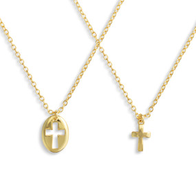 A set of sharing gold chain necklaces with nesting cross charms.