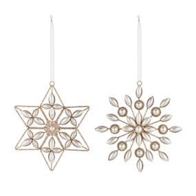 Two different snowflake ornaments made from gold glitter wire and pearl beads.