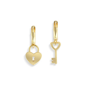 A set of gold earrings. One is a heart with a keyhole in it and the other is a key with a heart at the top.