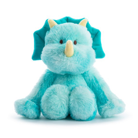 A small plush turquoise dinosaur displayed sitting.