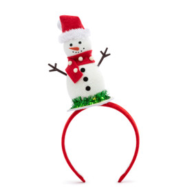 A red holiday headband with a light up snowman on top.