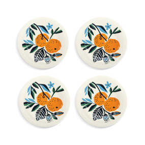 A set of four white melamine appetizer plates with a citrus illustration.
