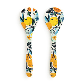 A set of two bamboo melamine serving utensils with a citrus illustration.