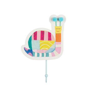 A white wall hook shaped like a snail and decorated with pastel shapes and colors. A blue hook hangs from the bottom.