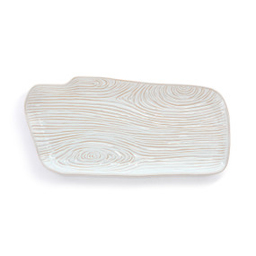 A large cream rectangular ceramic platter with a wood grain appearance.