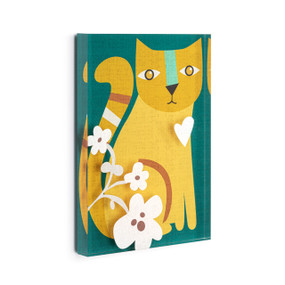 A green acrylic wall art tile with an illustrated orange cat next to white flowers displayed angled to the right.