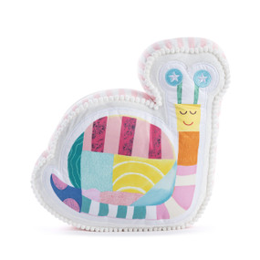 A snail shaped white pillow with an illustrated colorful snail on the front.