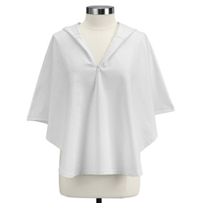 A white poncho with a half zipper and a hood in the back.