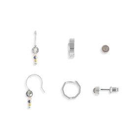 Three different small earring sets in silver and gray with three different types of closures.