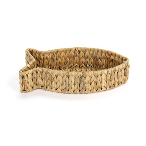 A light brown woven basket shaped like a fish.