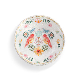 A white paper mache bowl with two coral painted birds and other pastel floral accents.