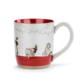 A white ceramic mug with a red interior and images of Eeyore with a red bow on his tail around the mug.