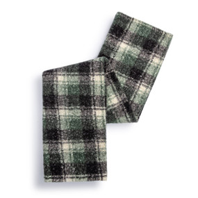 A gray and green plaid blanket folded over itself.