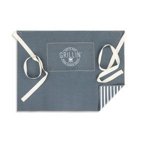 A gray and white half apron with cream ties and a pocket with the saying "Let's Get Grillin' Free Taste Tests".