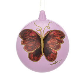 A lilac colored round ornament with an illustrated dark red butterfly on each side.