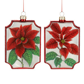 Two different flat glass ornaments with images of red poinsettia flowers.